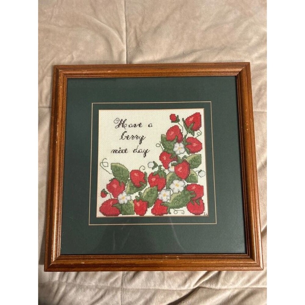 Vintage 1985 Cross Stitch “Have a Berry Nice Day” Strawberry Theme